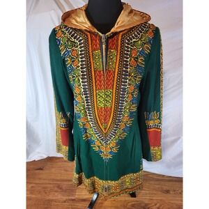 Vintage 1960's Lady Utex Size Large Hooded Boho Colorful Hippie Green Jacket